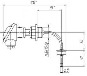 Габаритные и присоединительные размеры сигнализатора уровня жидкости СУГ-М1-Г (гори­зонтальная установка) для среды с плотностью более 0,75 г/см3; поплавок тип I